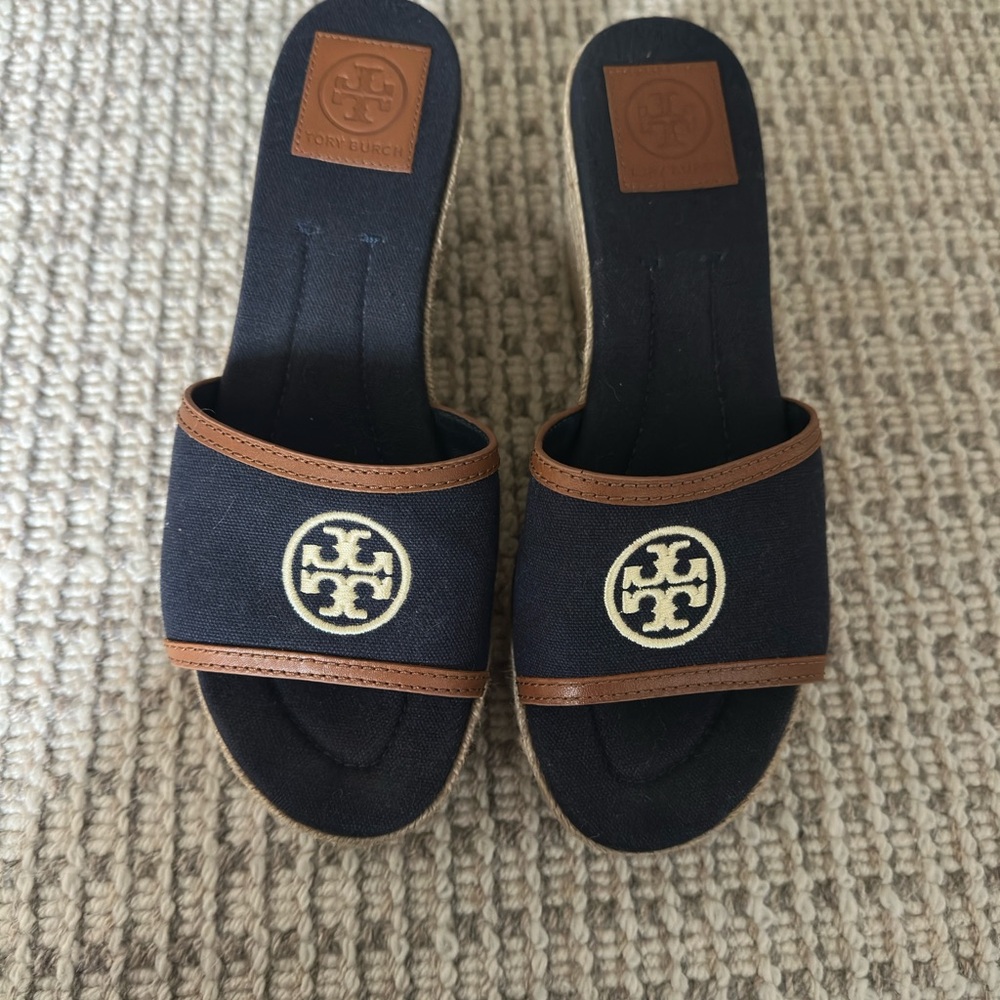 Tory Burch Navy Canvas Slide Wedge Sandals size 7